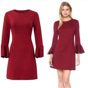 TRINA TURK Mini Dress Peplum Bell Sleeve Maroon Flare Lace 177313 No Size Tag XS